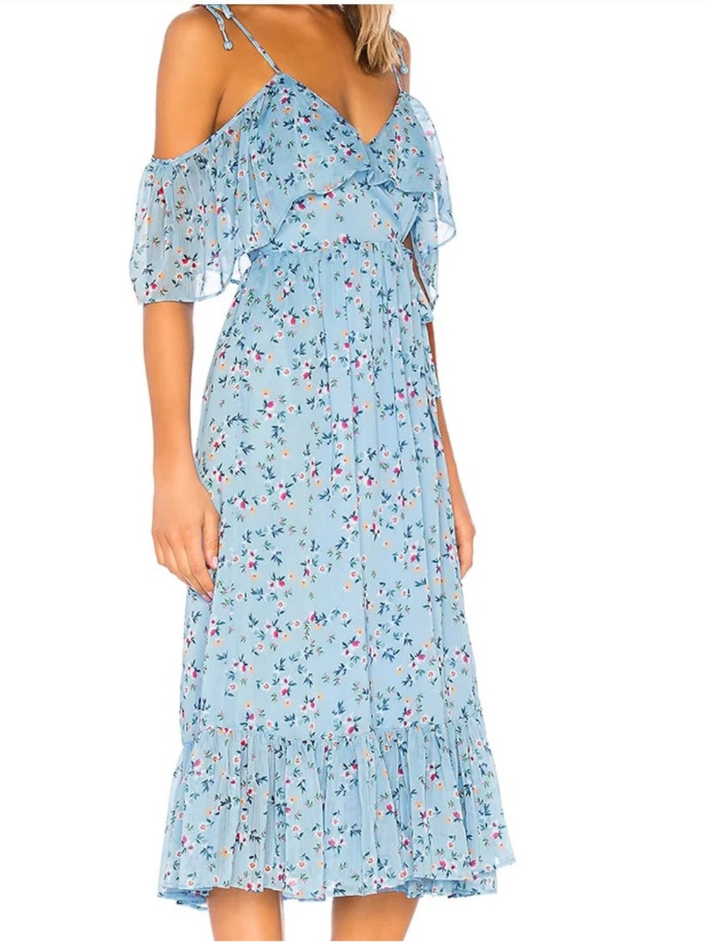 Tularosa Sky Blue Floral Cold-Shoulder Midi Dress
